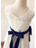 Ivory Lace With Navy Blue Bow Sash Knee Length Flower Girl Dress